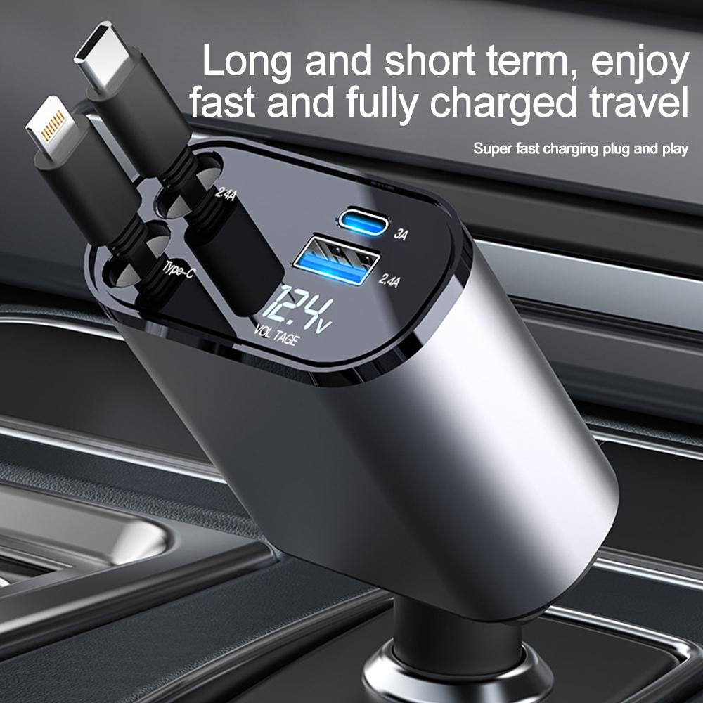 120W Car Charger Car Super Fast Charge Flash Charging, Telescopic Cable 4 In 1 Car Charger 2 USB Ports Adapter Compatible