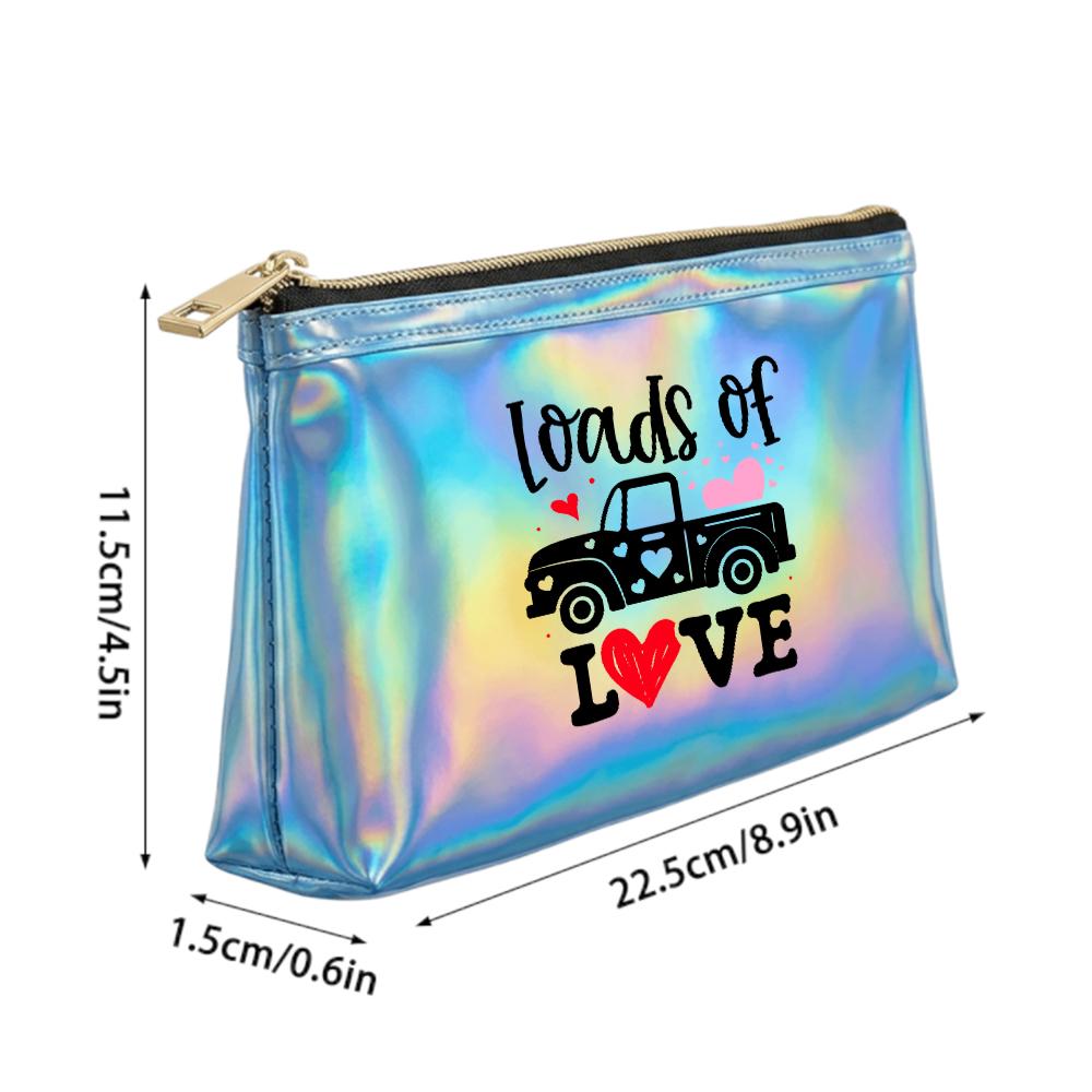 Vintage Love Truck Pattern Shiny Laser Cosmetic Makeup Bag, PortableToiletry Organizer Pouch for Valentine Travel Vacation Gifts