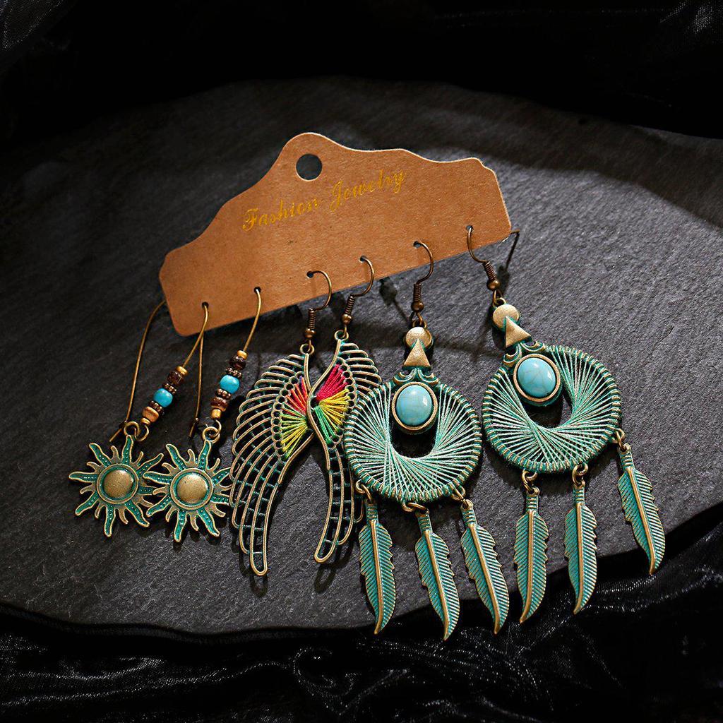 Bohemian Ethnic Retro Earring Set: 3-Piece Hanfu & Nepal Style for Women