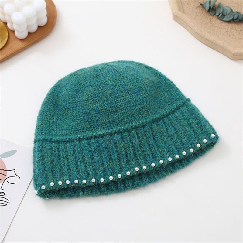 Wool basin hat women's autumn and winter new personalized versatile pearl shows a small face, fashionable warm pearl knitted fisherman hat