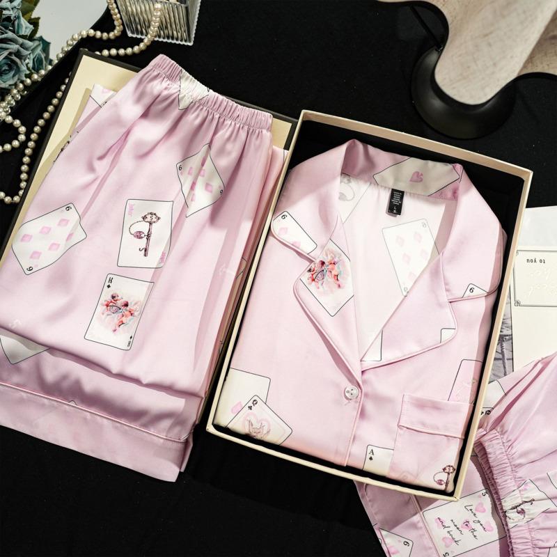 Summertime Three-piece Ice Silk Pajamas For Women Short-sleeved Suit Pink Playing Card Pajamas Sweet, Cute and Comfortable Home Clothes