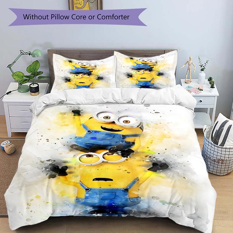3Pcs Despicable Minions Artwork Bedding Set Quilt Cover Pillowcase Home Christmas Xmas Halloween Gift 1 Duvet Cover 2 Pillowcase M929451