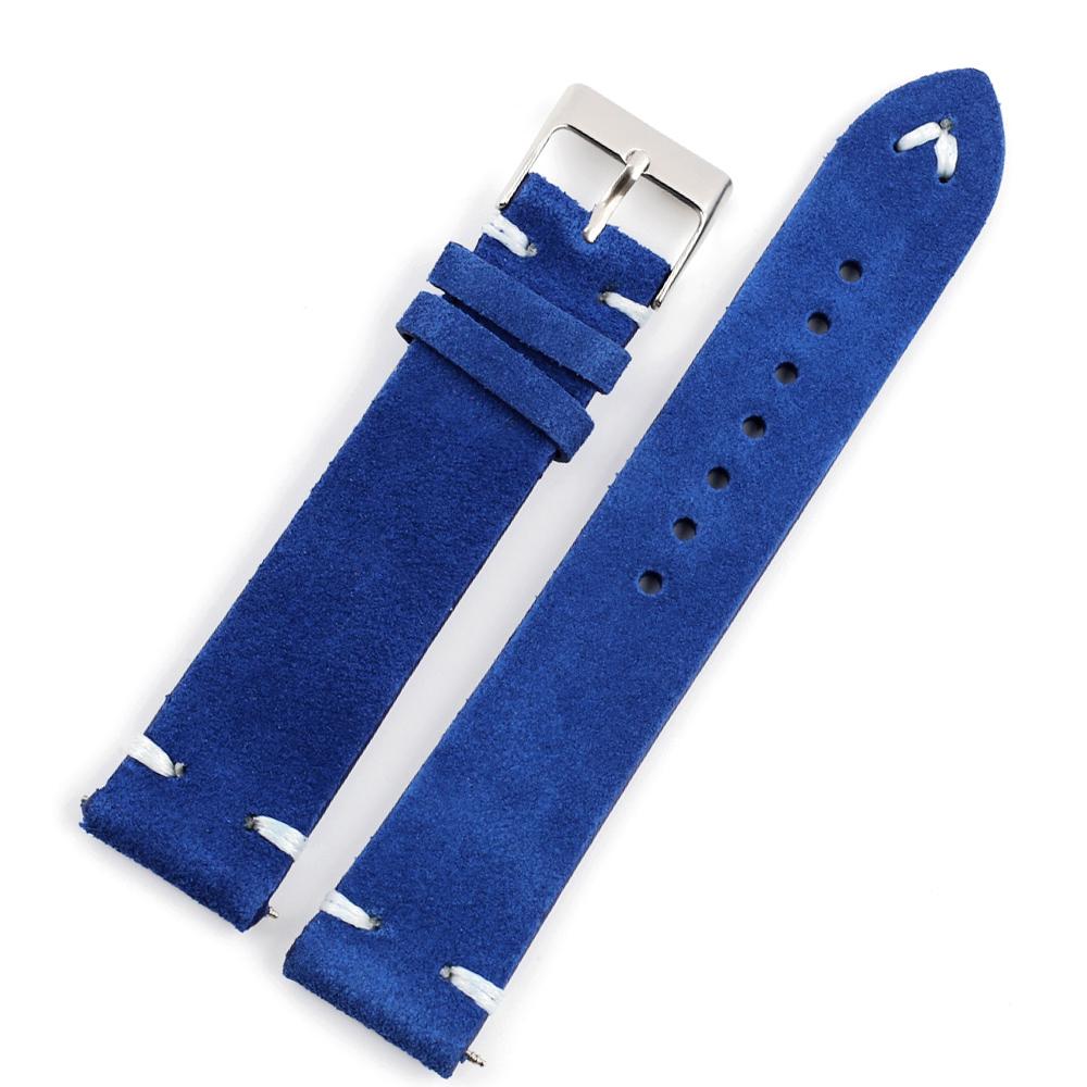 Vintage Genuine Suede Leather Strap 18mm 20mm 22mm 24mm Brown Yellow Blue Handmade Stitching Watch Band Replacement Wristband