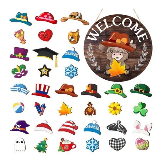 1 Set Interchangeable Wooden Welcome Sign with Seasonal Hat Accessories Gnome Highland Cow Hanging Front Door Sign Home Office Holiday Decoration