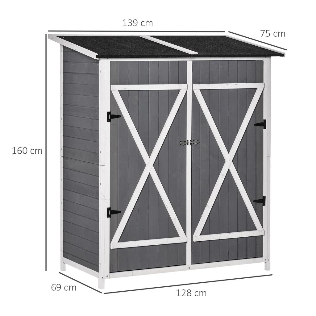 Garden Cabinet Tool Shed with 2 Doors Tool Cabinet with Asphalt Roof Garden Storage Cabinet Antidumping Design with Ground Nails Fir Wood Gray+White