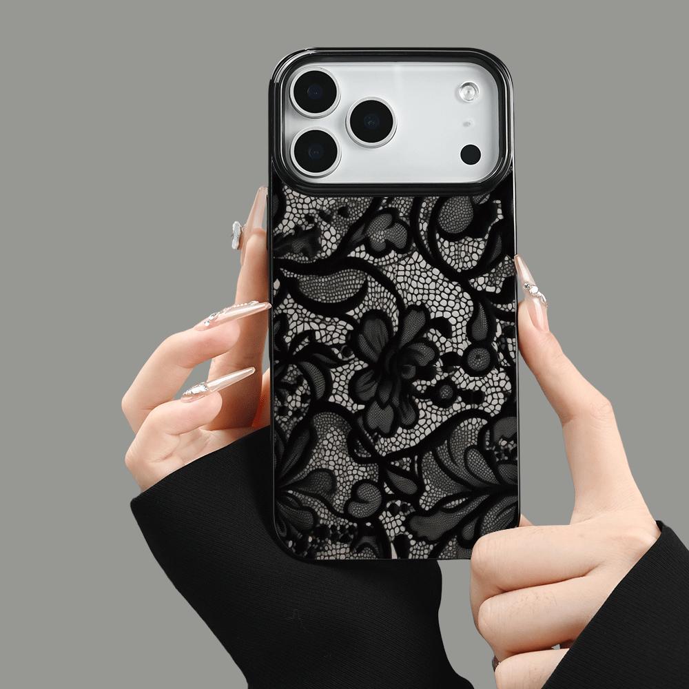 Черный кружевной 2D узор чехол для телефона подходит для iPhone 17 16 15 14 13 12 11 Pro/Max/Plus противоударная задняя крышка