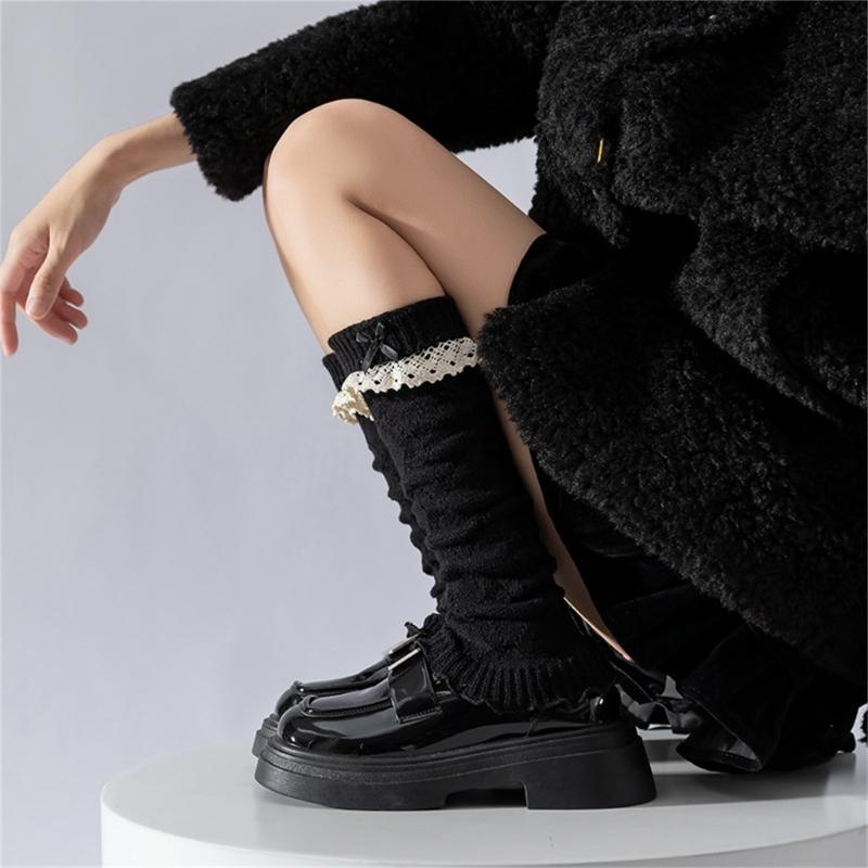 Women Fairycore Knitted Leg Warmers Calf Socks Japanese Sweet Bowknot Ruffled Lace Trim Leg Covers Boot Cuffs Stockings