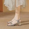 High-heeled Sandals Spring and Summer New Silver Fashion Pearl Straps Fairy Wind Word with Thick-heeled Sandals Woman