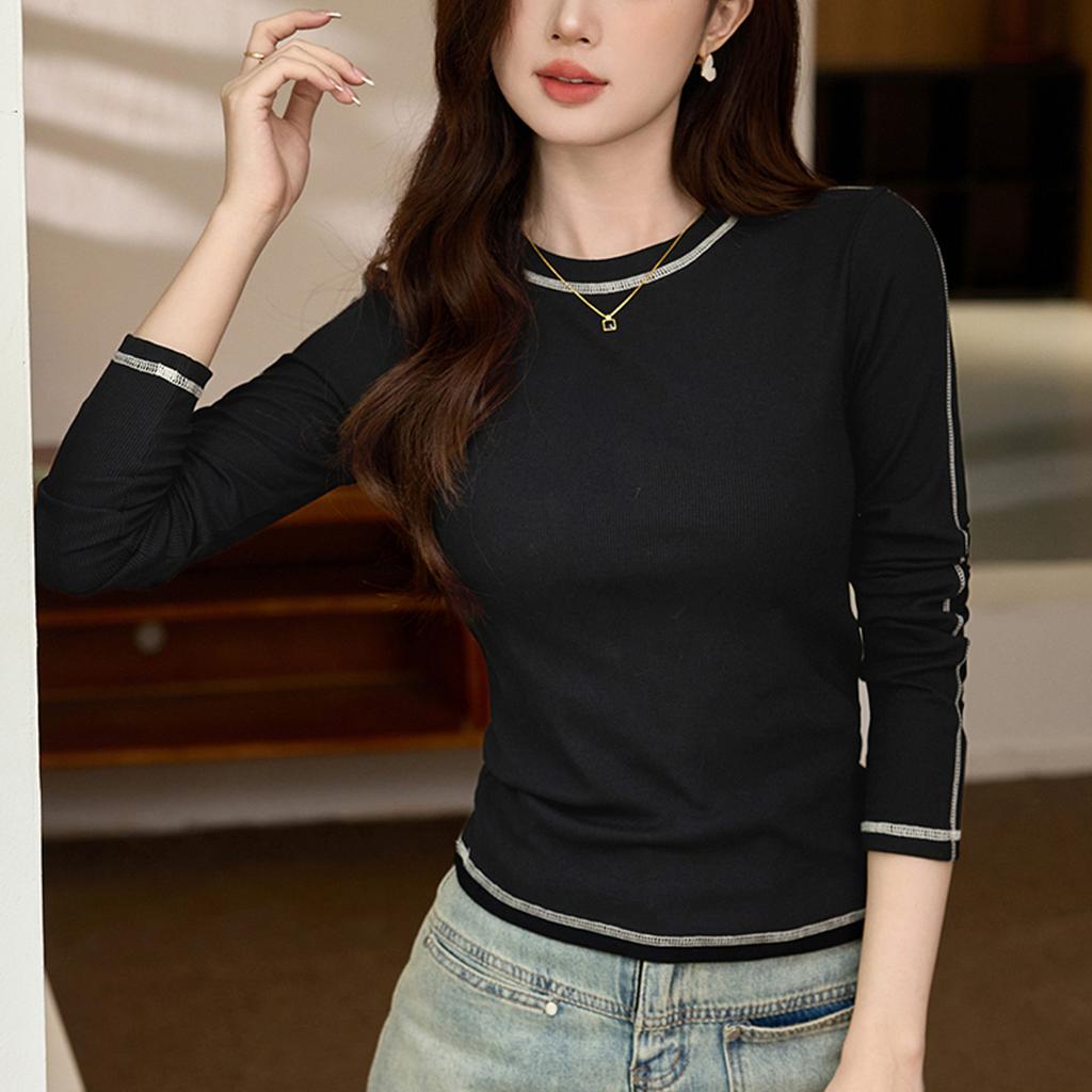 Flower Needle Bright Thread Contrast T-shirt for Women's Long-sleeved Autumn New Slim Fit Slim Base Shirt