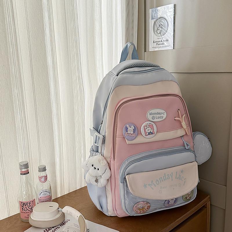 Simple Color Blocked Letter Pattern Student Backpack With Badge Pendant And