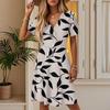 Women's Summer Fashion Leaf Print Dress Casual Beach A-line V-neck Loose Sundress