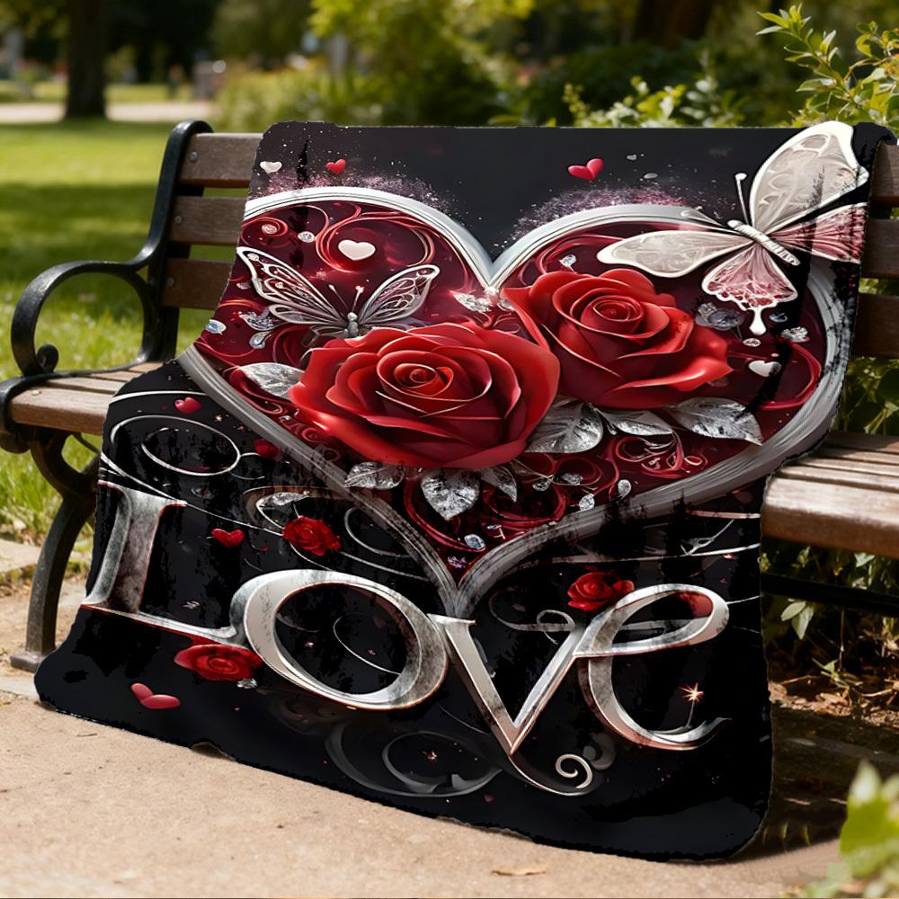 1pc Heart Roses Butterfly Love Outdoor Blanket - Lightweight Flannel Throw For Travel, Camping, Livingroom, Couch, Chair yy251114235