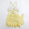 3Pcs/Set Women Swimsuit Solid Color Wave Texture Sexy Split Bikini with Drawstring Ruffle Trim Skirt Lace-up Beachwear