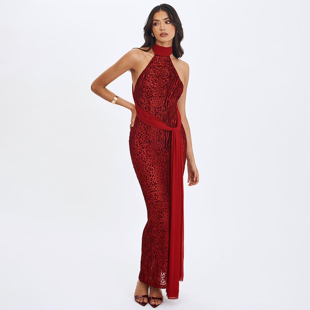 European and American sexy temperament backless neck splicing dress fashionable slim print streamer fishtail dress