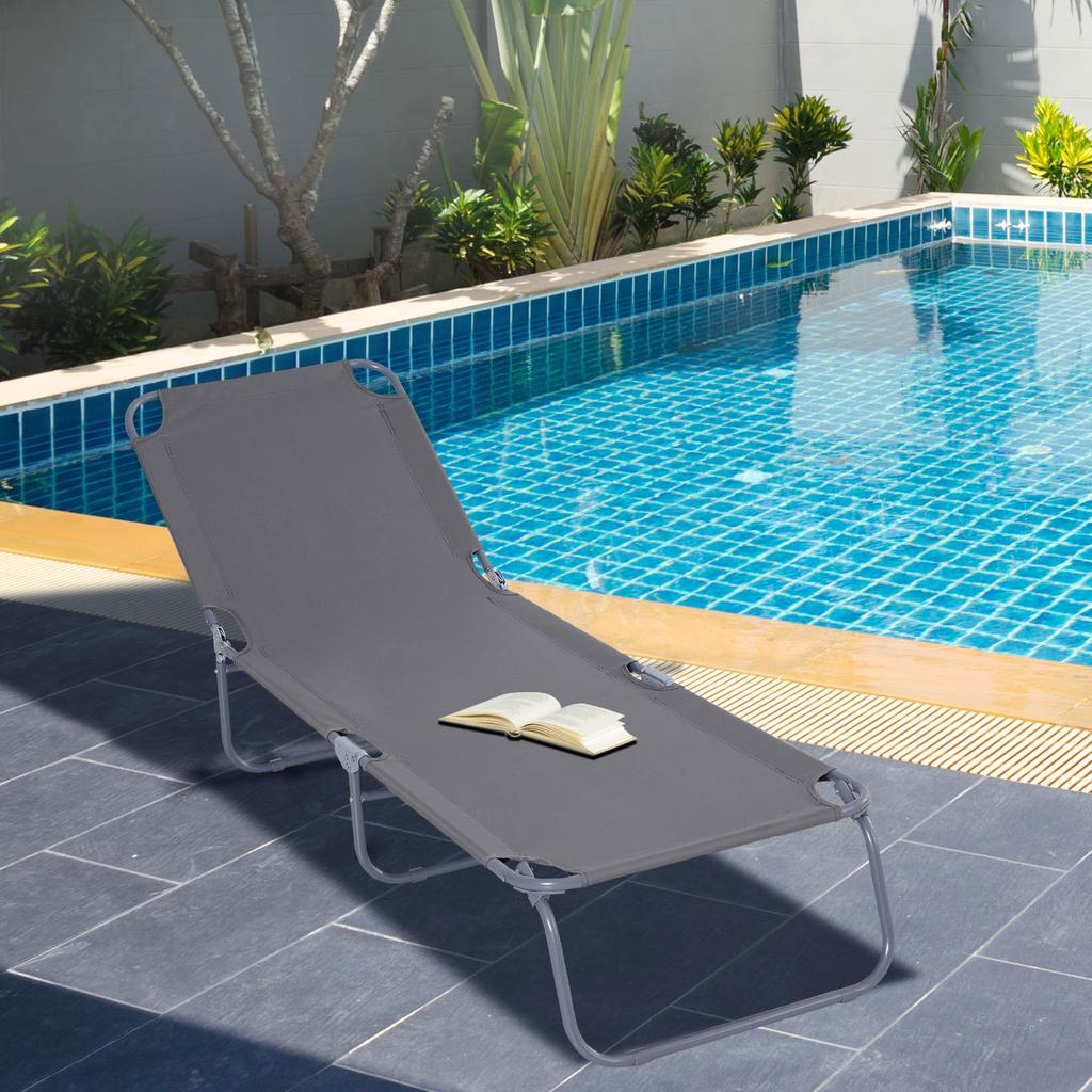 Folding Sun Lounger, Adjustable Backrest, Metal, Polyester, Grey