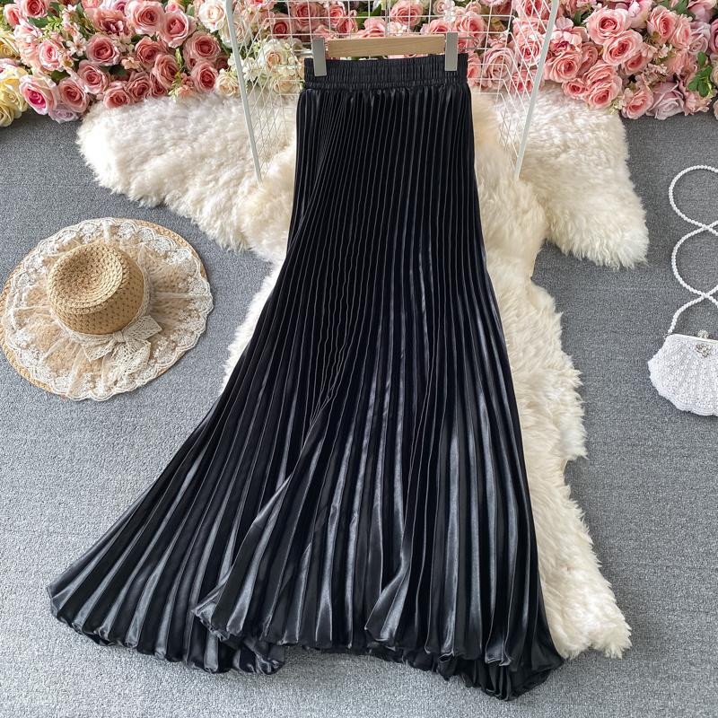 Лето Осень Женская Элегантная Атласная Высокая Талия Длинная Макси Плиссированная Юбка
