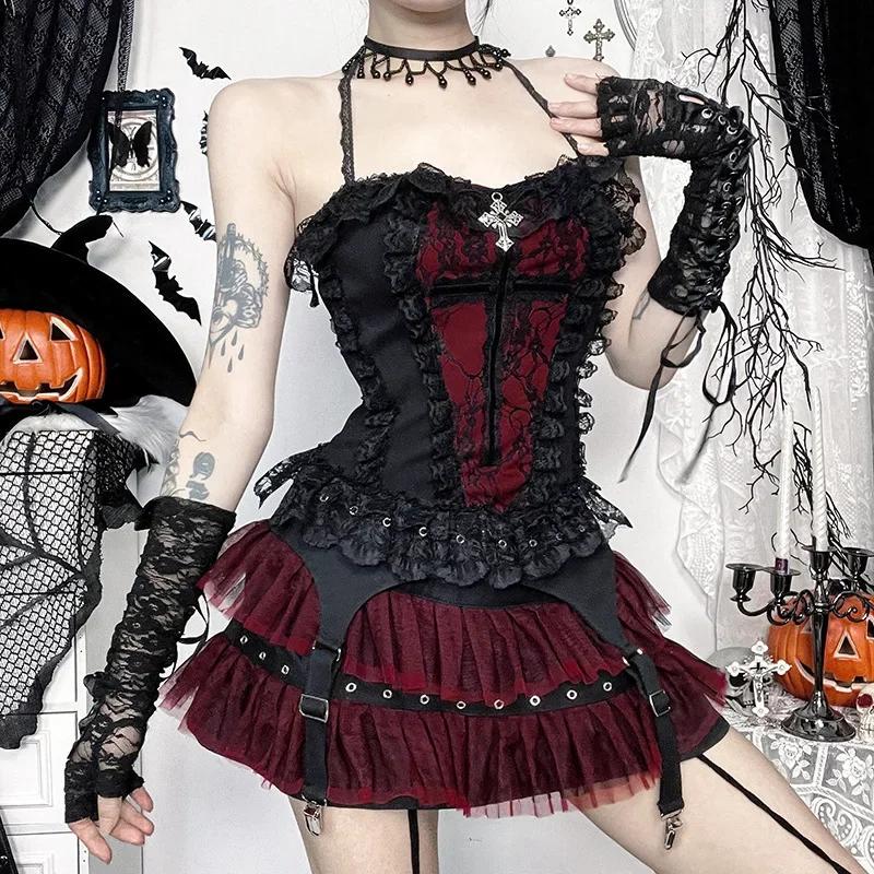 AltGoth Gothic Hotsweet Camisole Женская винтажная эстетика Y2k E-girl Hipster Кружевная Лоскутная Холтер Укороченная майка Косплей Одежда
