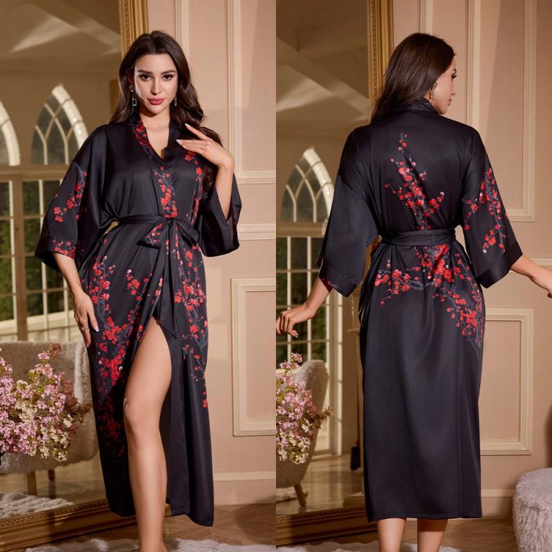 Satin Printed Robe Women Plus Size Lightweight Long Sleepwear Home