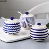 Creative Striped Ceramic Seasoning Jar with Spoon Kitchen Hand-painted Salt Jar Sugar Jar Spice Jars Household Seasoning Tool