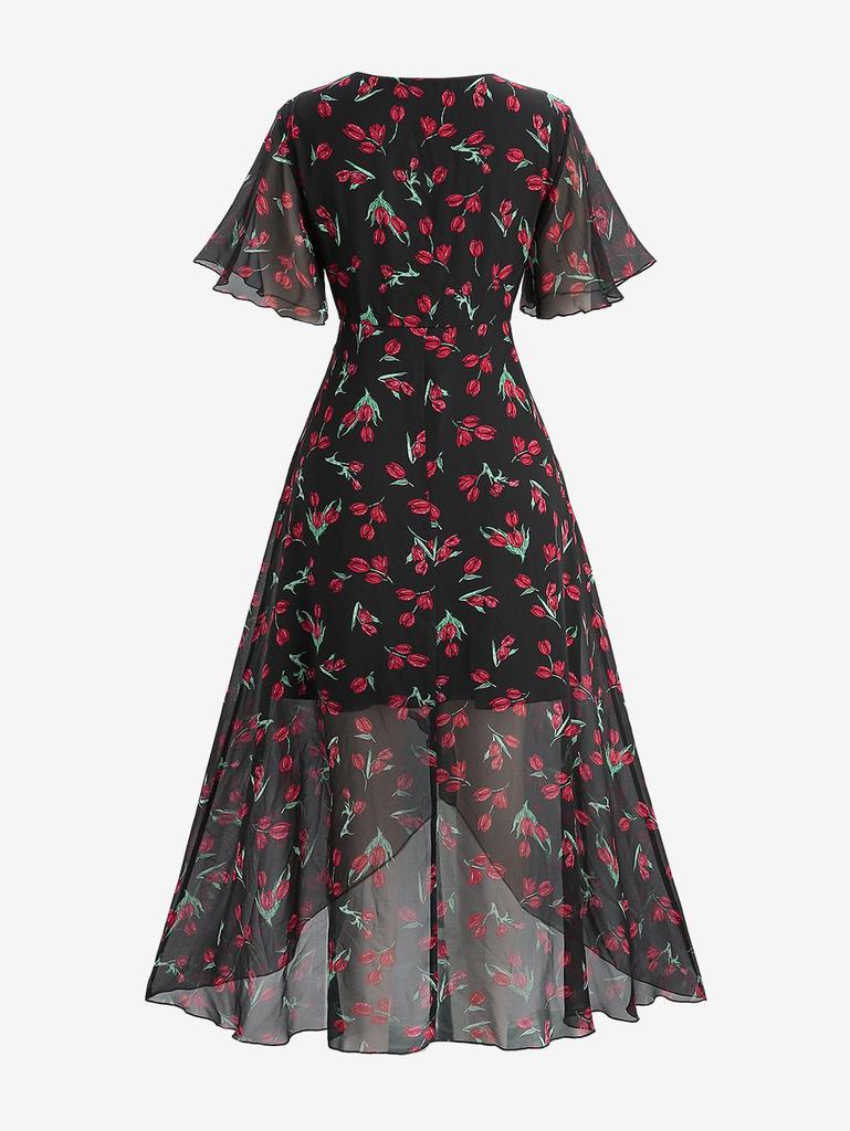 Rosegal Плюс Размер Цветочный Принт Оборки Сюрплик Тюльпан Подол Шифоновое Платье