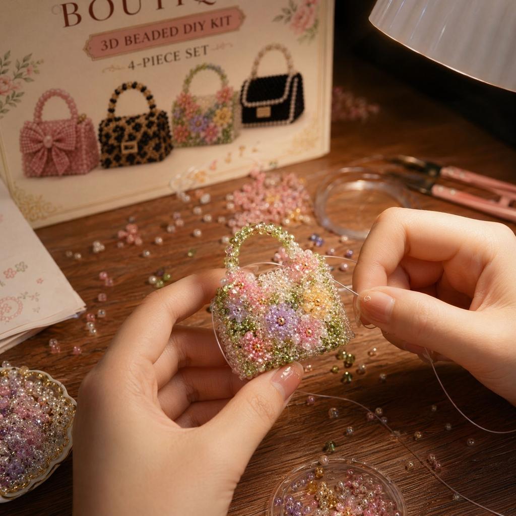 Tiny Bag Boutique 3D Набор для рукоделия с бусинами, набор из четырех предметов, включает модели сумочек с бусинами, подробные инструкции по вышиванию бисером и материалы для творческой сборки