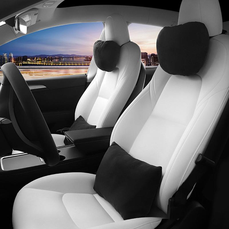 Для Tesla Model 3 Y Флокированная/кожаная подушка для шеи на сиденье автомобиля, мягкая подушка с эффектом памяти, подголовник, поясничная поддержка, универсальная