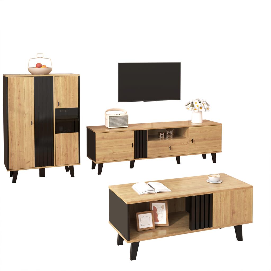 Side cabinets, sideboard, display cabinets with glass and LED lighting. Black and wood colors, black wood strip design [OLD SKU:WF313229230SAA]