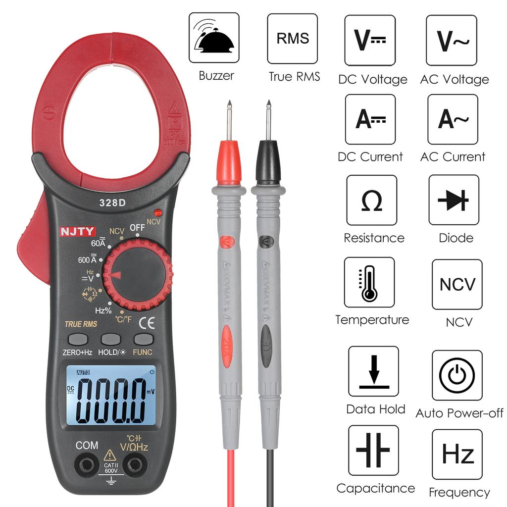 NJTY 328D 600A Токовые клещи AC Автоматический выбор диапазона 6000 отсчетов 1,6-дюймовый ЖК-дисплей Цифровой AC True RMS NCV Клещевой тип Универсальный измеритель