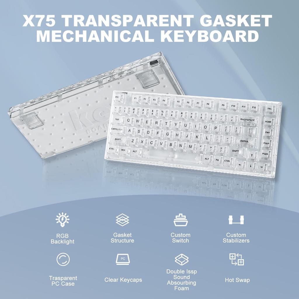 YUNZII X75 Hot Swap Mechanical Keyboard Transparent Keycap Gasket Mounted 75 Keyboard RGB Backlit Gaming Keyboard Compatible with White Wired