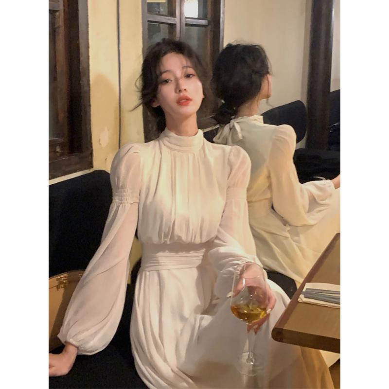 2025 Spring Turtleneck White Midi Dress Women Long Sleeve French Elegant One Piece Dress Korean Fashion Y2k Clothing Design