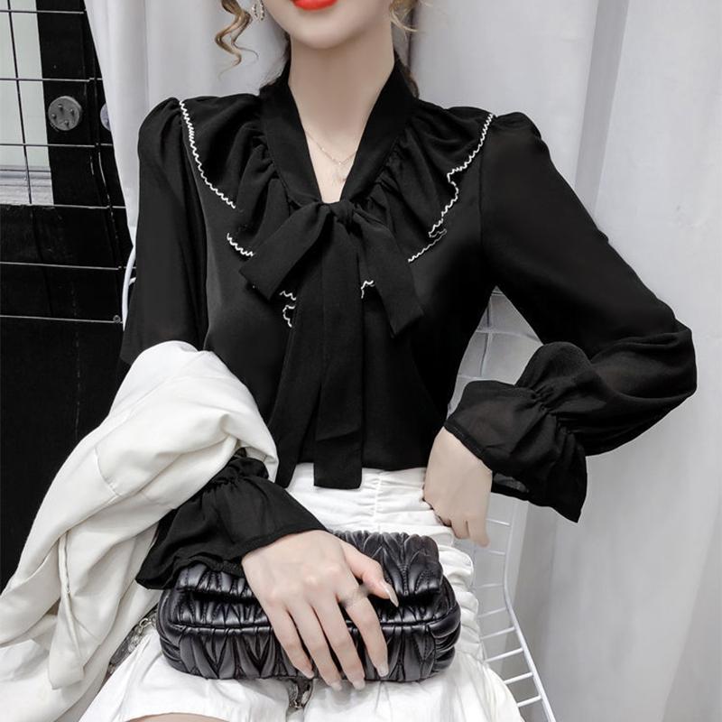 V-neck Chiffon Shirt Women's Long-sleeved Spring and Summer Tops Design Niche Lantern Sleeve Chiffon Shirt