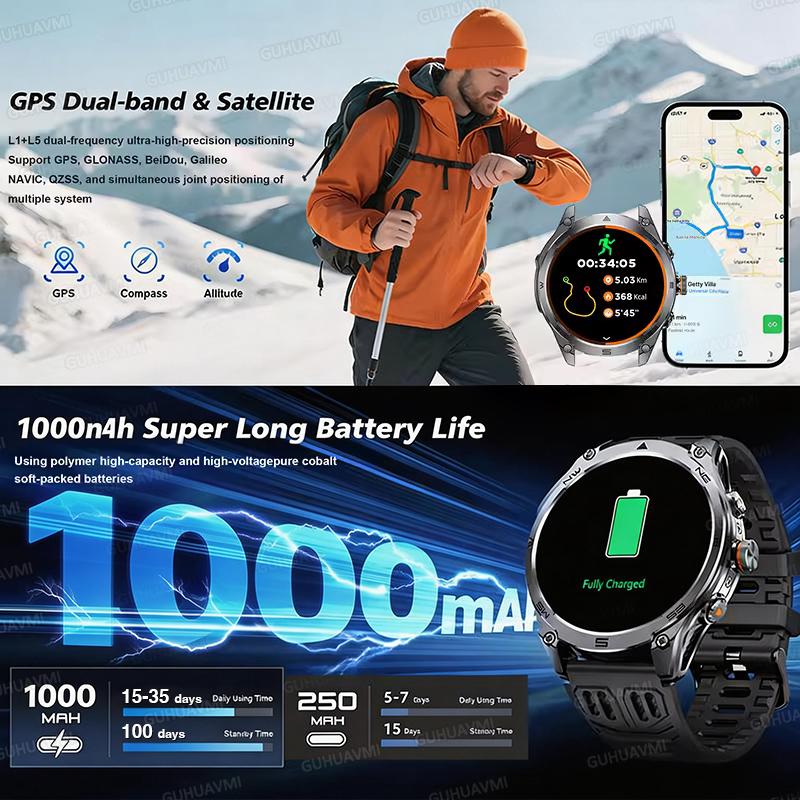 Новые GPS-смарт-часы для мужчин с большой батареей 1000 мАч, 10 ATM, водонепроницаемые, прочные, военные, с отслеживанием маршрута на карте, Bluetooth-звонком