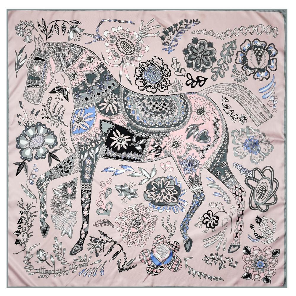 POBING Manual Hand Rolled Twill Silk Scarf Women Floral Horse Square Scarves Echarpes Foulards Femme Wrap Bandana Hijab 90CM