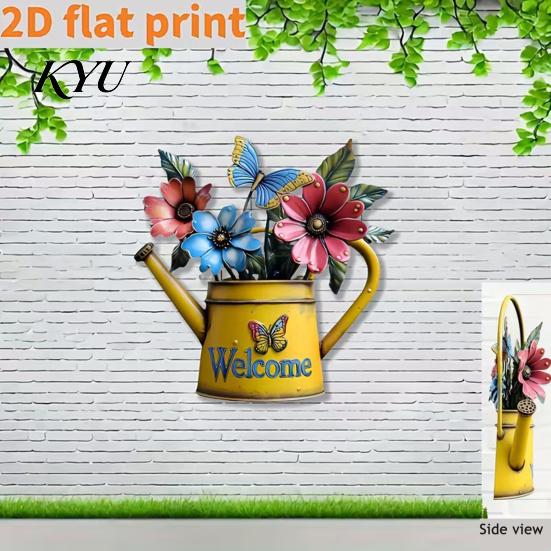 Indoor Outdoor Metal Wall Art Rustic Watering Can Art, Flower Butterfly Welcome Sign, Farmhouse Floral Sculptures Iron Hanging Decor for Porch Garden
