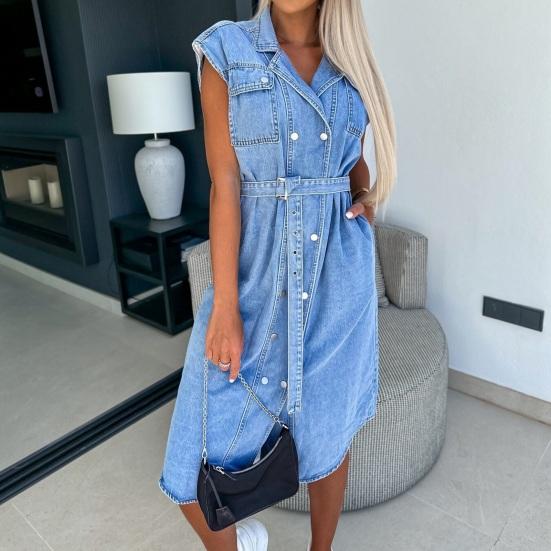 Женское джинсовое платье-рубашка без рукавов с пуговицами на лацканах, джинсовое платье, повседневное летнее платье А-силуэта с завязкой на талии для работы, офиса, вечеринки