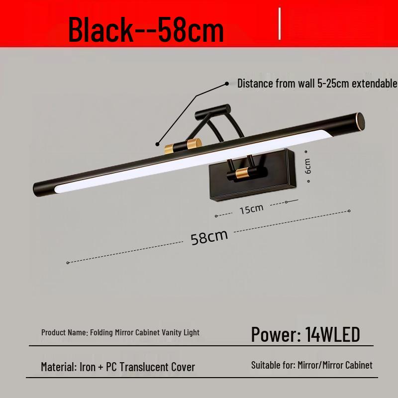 LED Foldable Vanity Light: Minimalist, Punch-Free, Waterproof, Fog-Proof Chinese Mirror Cabinet Wall Light for Bathroom Makeup.