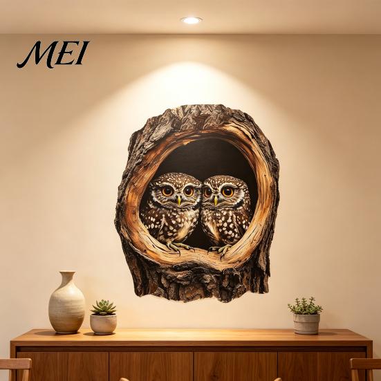 3D Owl Wall Decals Tree Hollow Sticker, Realistic Forest Animal Decal, Waterproof PVC Outdoor Weatherproof Murals Art Decor, Peel And Stick for Living