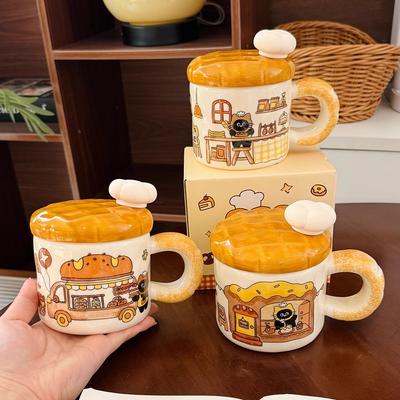 Милая керамическая кружка Котик-Хлебушек с крышкой и ложкой, чашка для воды высокой ценности, бытовая чашка для завтрака, молока, подарок на день рождения