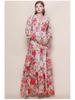 Women's Retro Court Style V-neck Dress with Lace-up Waist, Lantern Sleeves, Floral Print, and Large Hem - 2026 Collection