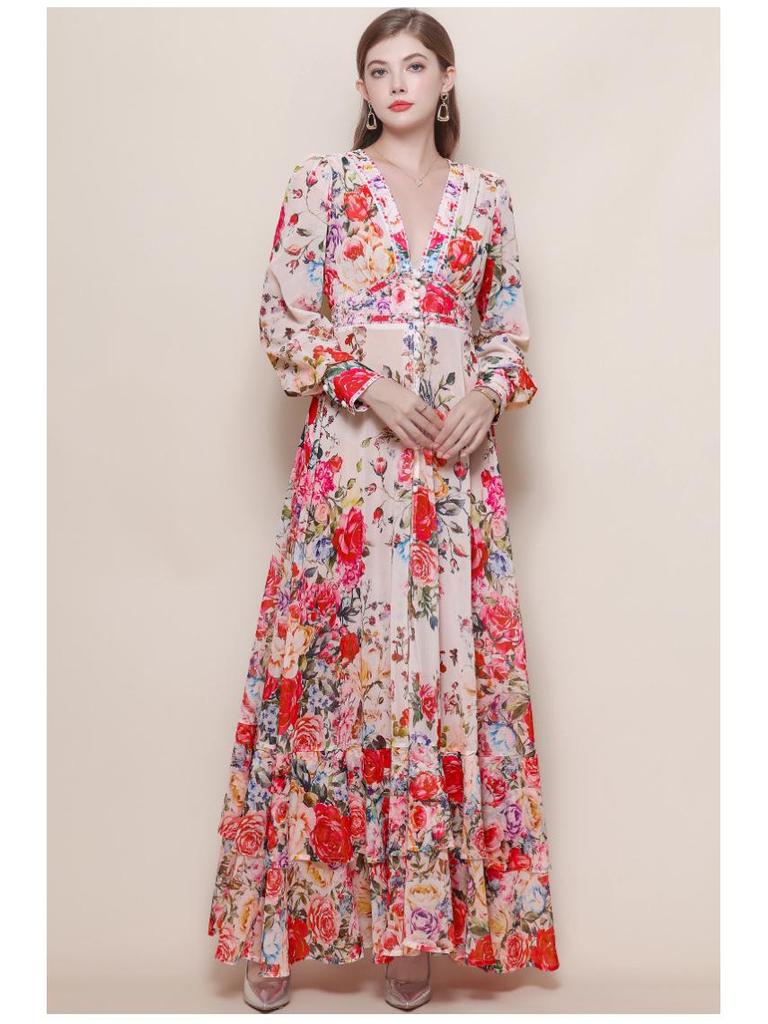 Women's Retro Court Style V-neck Dress with Lace-up Waist, Lantern Sleeves, Floral Print, and Large Hem - 2026 Collection