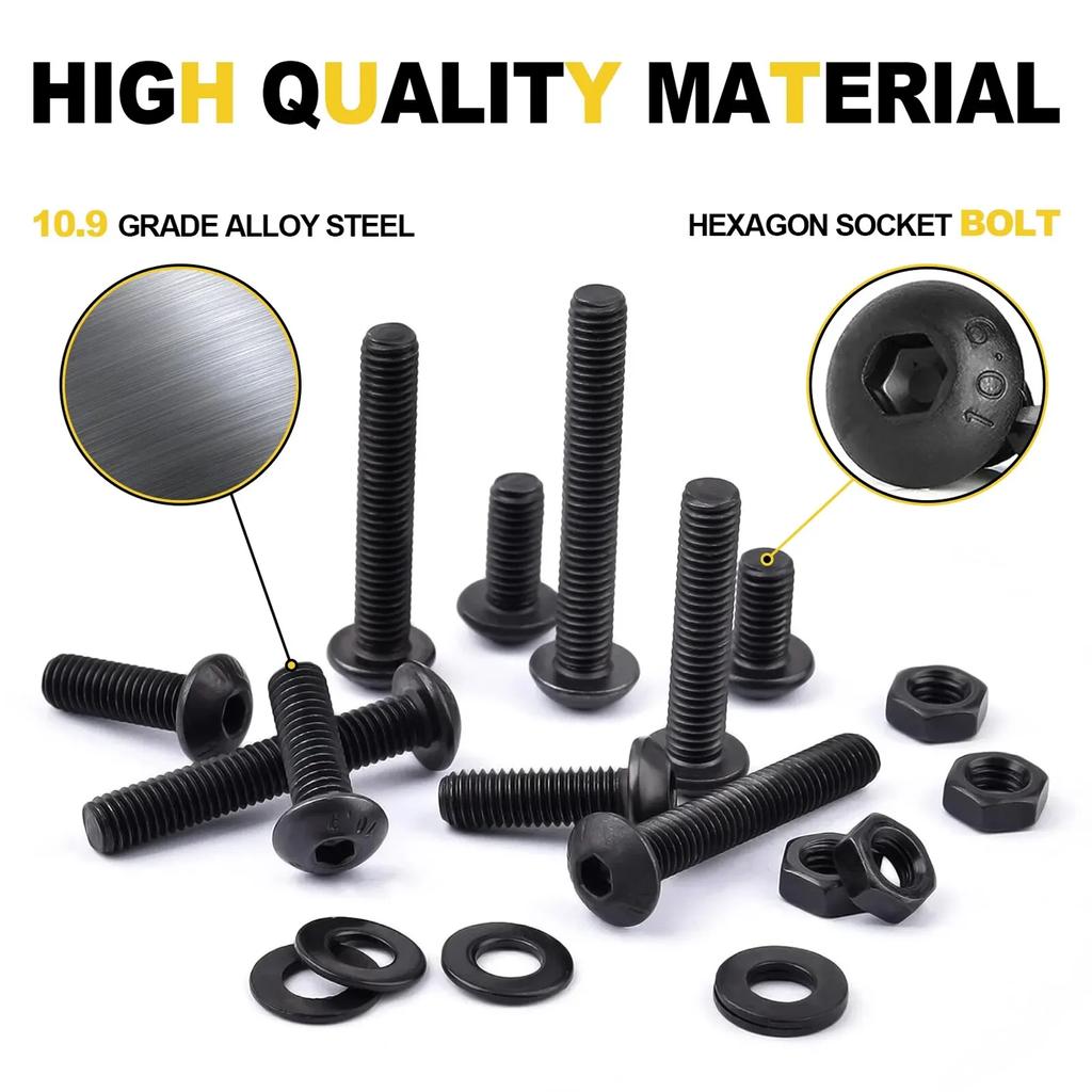 261Pcs M6 Push-Button Hex Screw, Black Oxide, Allen Drive, Hex Screw, Nut, Washer Sorting Kit, For Wood, Bicycle Repair