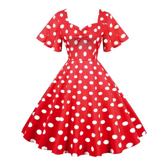 Women Evening Dress Retro Color Matching Dot Print A-line V Neck Big Swing Short Ruffle Sleeves Tight High Waist Back Zipper Party Prom Midi Dress