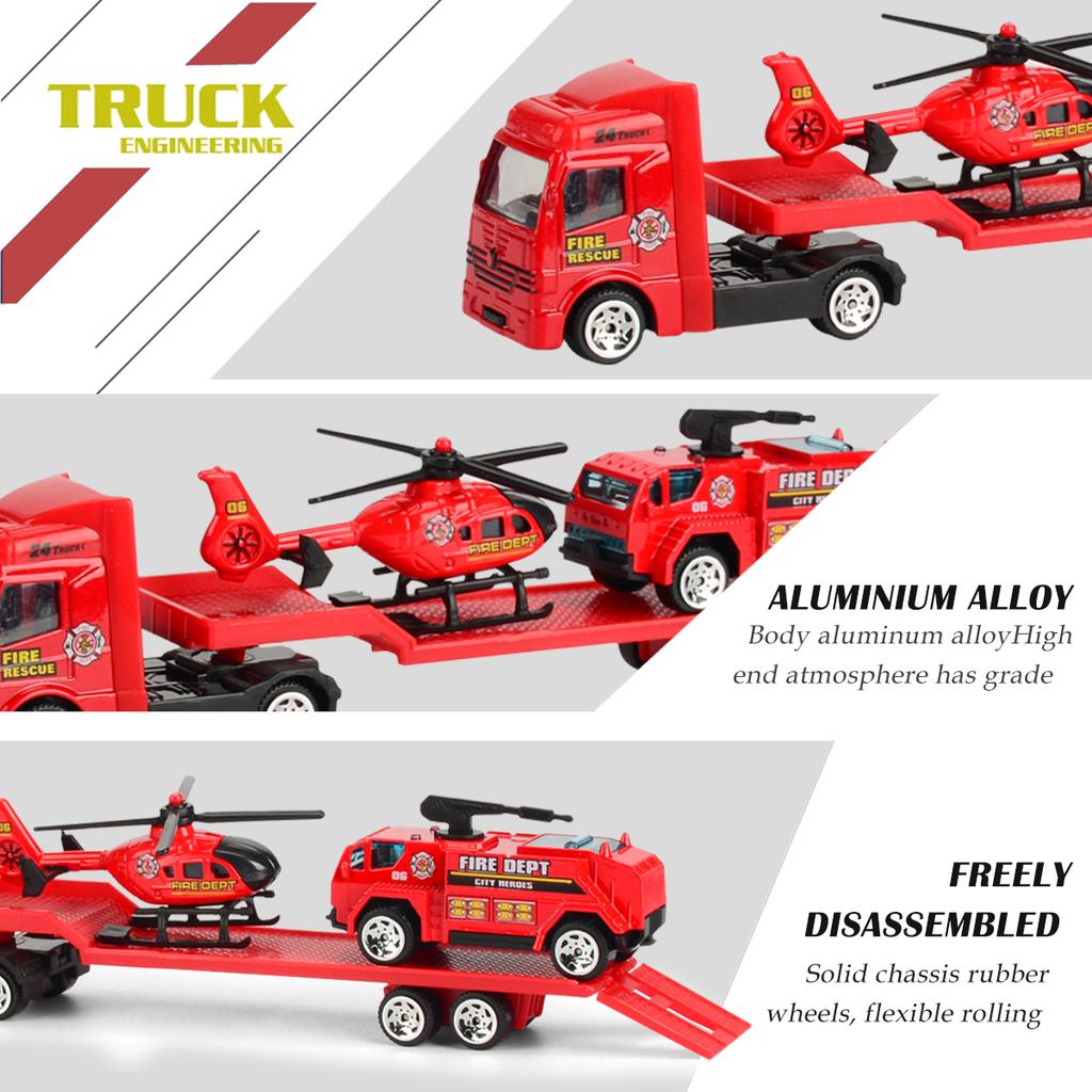 Mini Trailer Truck Toy, Alloy Plastic Construction Vehicle Truck Helicopter Models Gifts for Boys and Girls