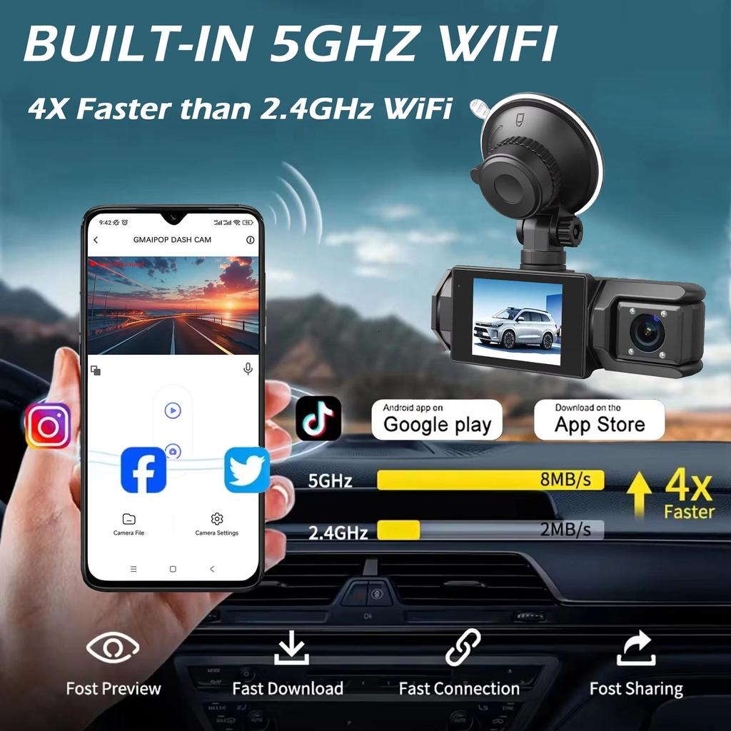 3-канальный видеорегистратор WIFI CAR DVR 1080P 3-объективный видеорегистратор для автомобиляТрехсторонняя камераЧерный ящикРегистратор Видеокамера