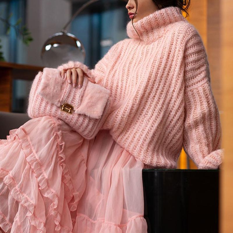 Водолазка, вязаные свитера, женские осенне-зимние теплые пушистые свитера большого размера, женские пуловеры с длинными рукавами, женские топы