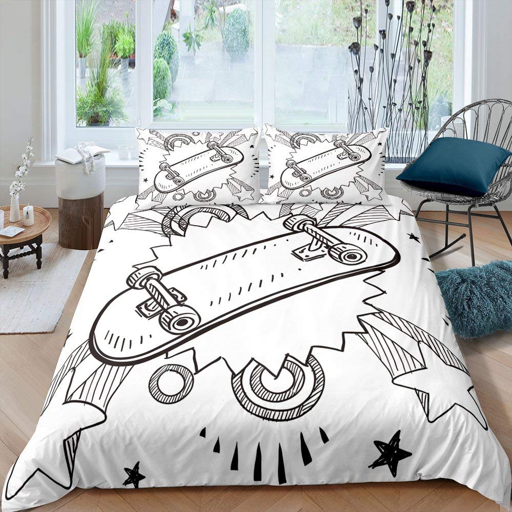 Skateboard Duvet Cover Set For Kids Teens Queen Size Lightweight Down Comforter Covers 2 Pillowcases 1 Comforter Cover No Quilt