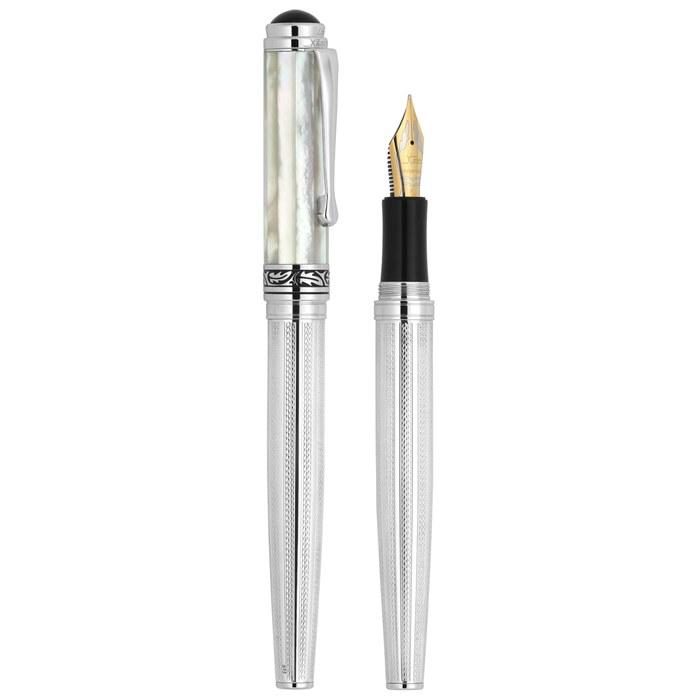 Xezo Maestro Fountain Pen, Medium-Fine Nib (0.45mm) Gift of Writing Series, 925 Sterling Silver & White Mother of Pearl, Handcrafted,