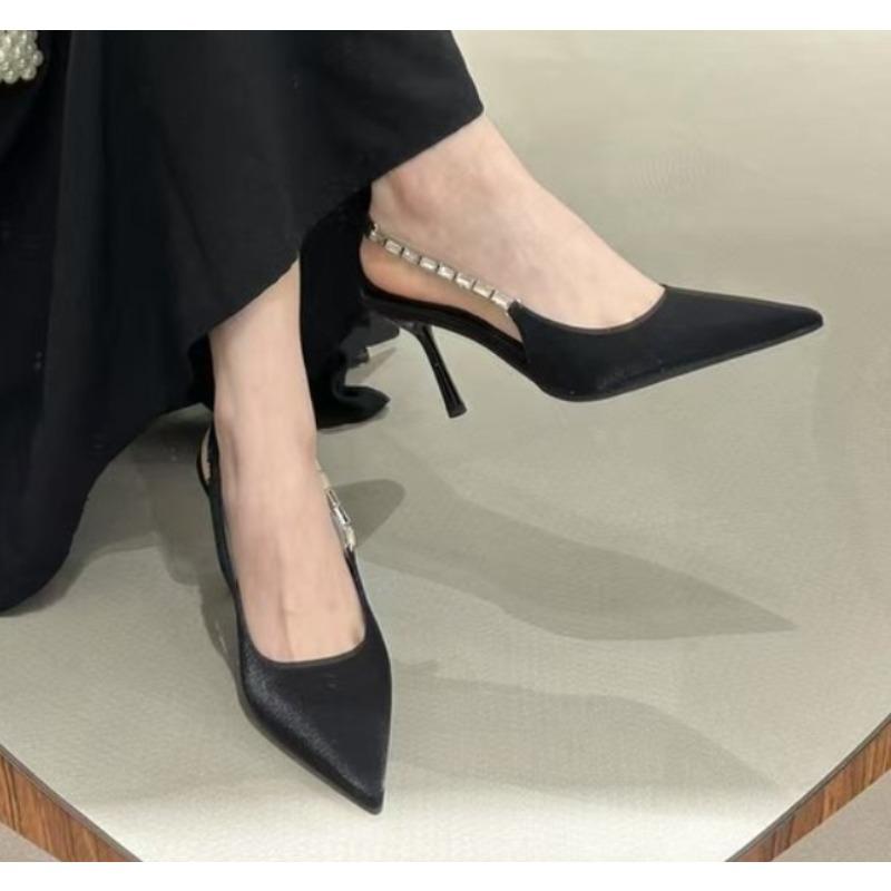 Fashion Shiny High Heels Slingback Silver Women Pumps Metallic Crystal Sandals Pointy Toe Stiletto Heeled Shoes Party Dress Shoes Woman