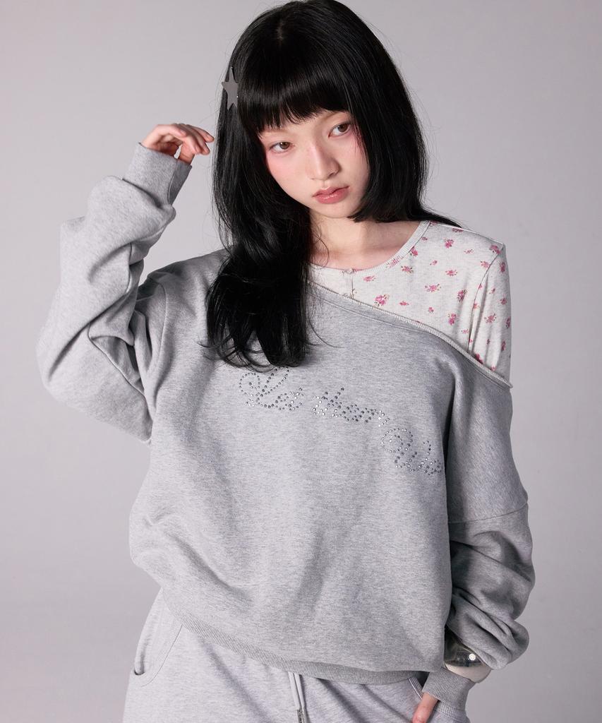 YOUHEE Hotfix Off-Shoulder Sweat Shirts_Melange Gray