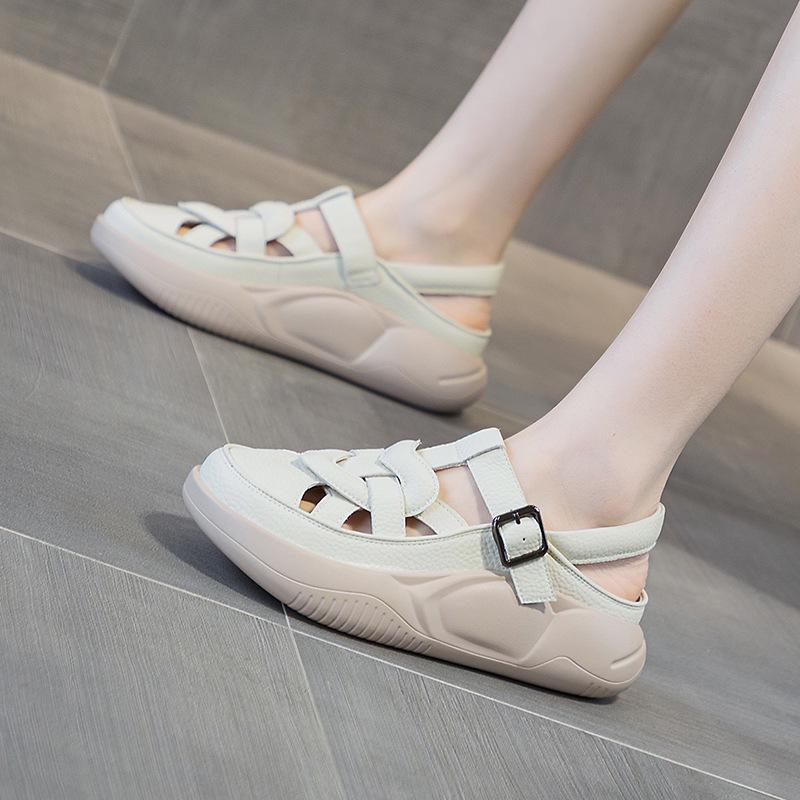 Женские кожаные сандалии на плоской подошве 2025 - Мягкая подошва, Повседневный стиль, Круглый носок, Цветной блок для пляжа и беременности
